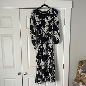 Black & White Floral Long Sleeve Midi Dress